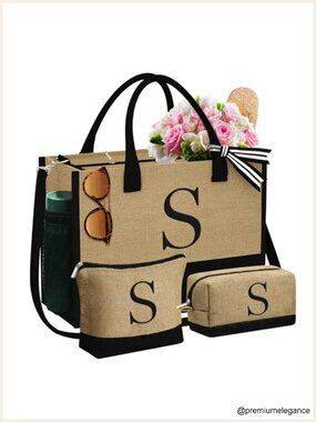 Initial Jute Tote Bag with 2 Makeup Bags - Personalized Beach Bag Set